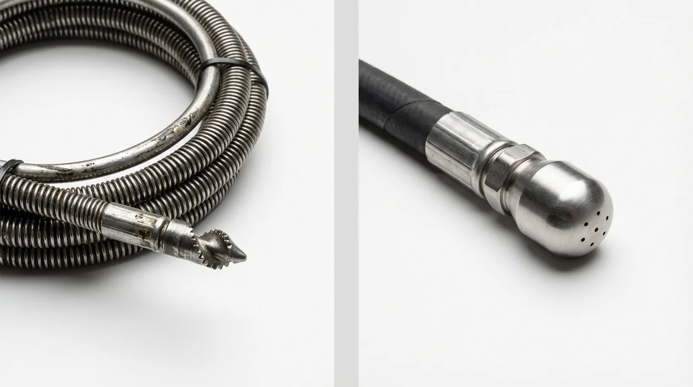 Drain snake cable and hydro jetting nozzle used for drain cleaning in Canton, MA