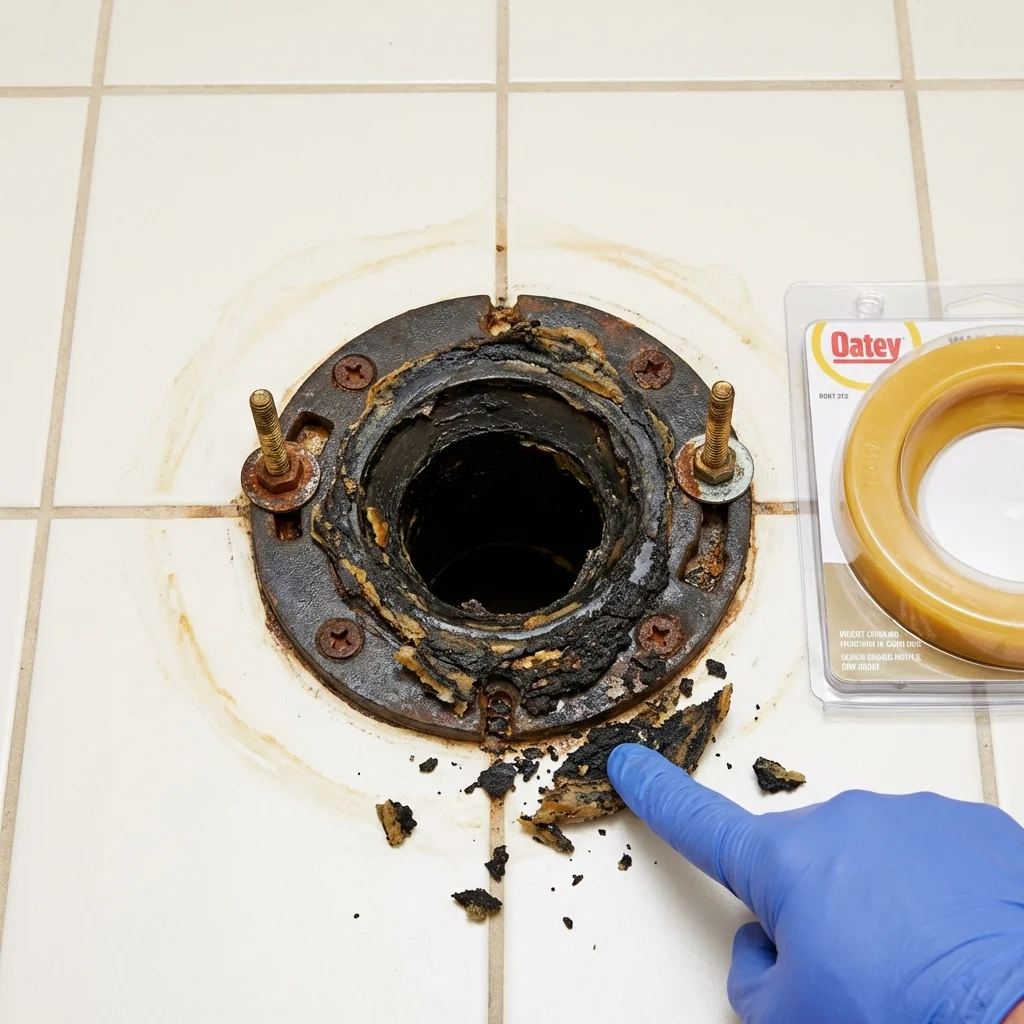 Failed wax ring showing water seepage at the base of a toilet in a Canton, MA home