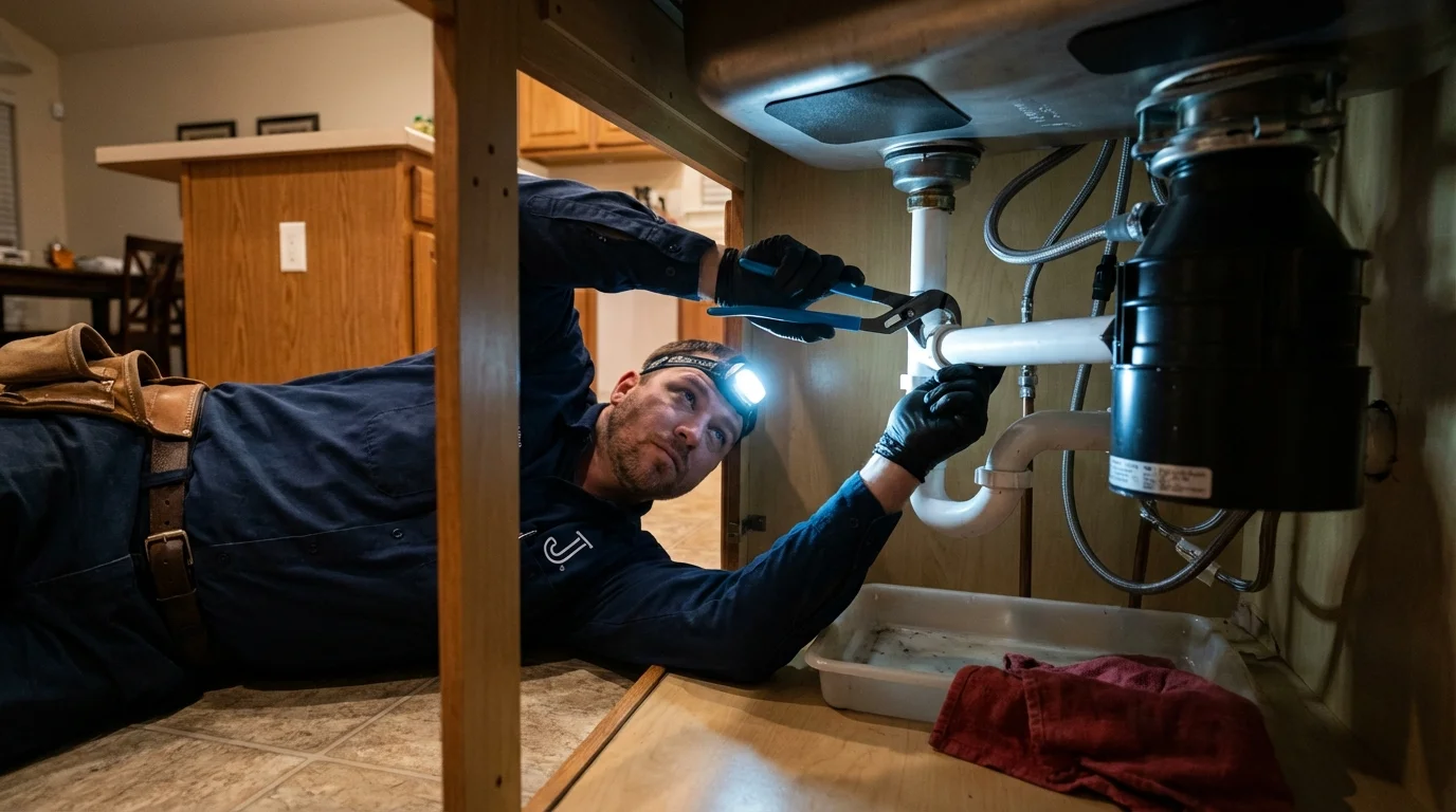 P-trap and supply line connections under a kitchen sink showing a common leak point in Canton, MA